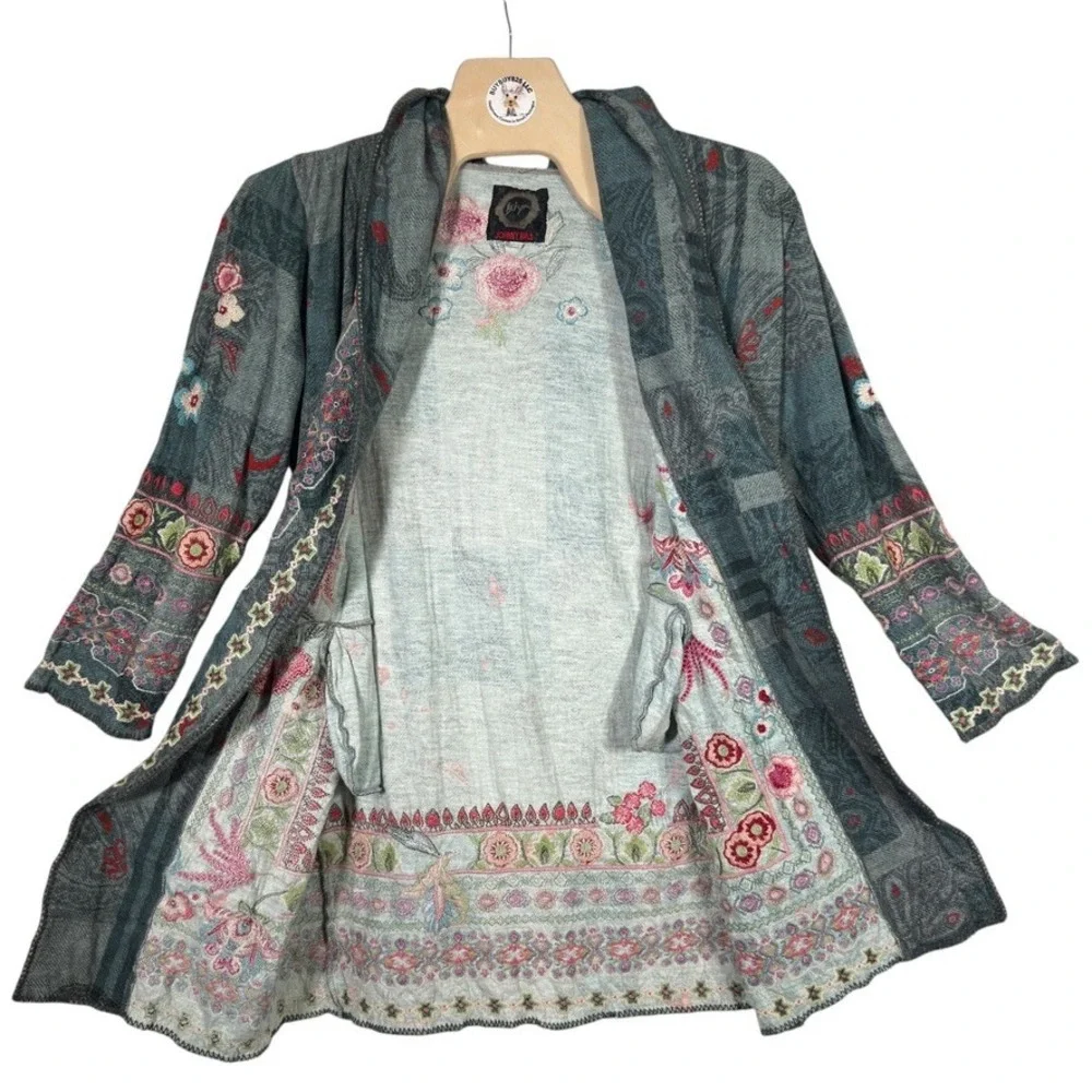Johnny Was Biya Paco Duster XL Gray Floral Embroidered Hooded Cardigan - Picture 3 of 8